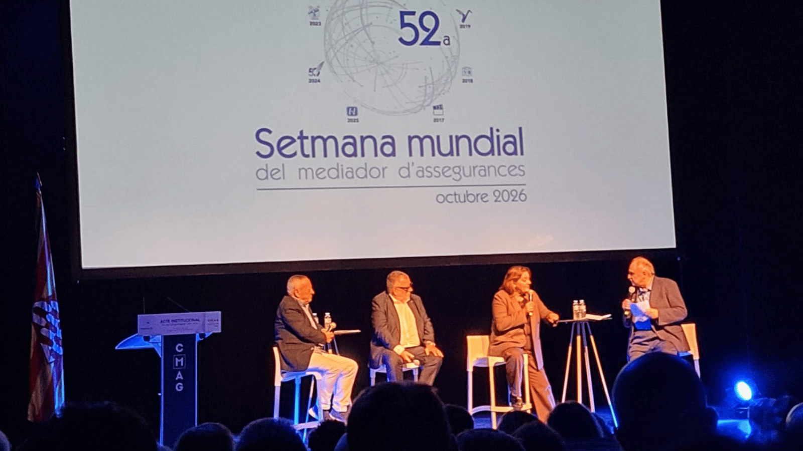 Els 3 darrers presidents del CMAG, Antoni Godoy, Jordi Triola i Mercè Herrera, amb Jordi Grau durant la 52a Setmana del Mediador d'Assegurances
